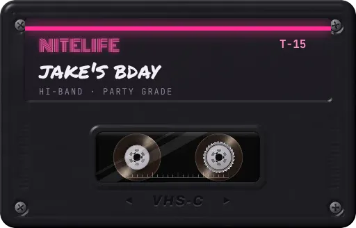 A black NITELIFE tape labeled jake's bday.