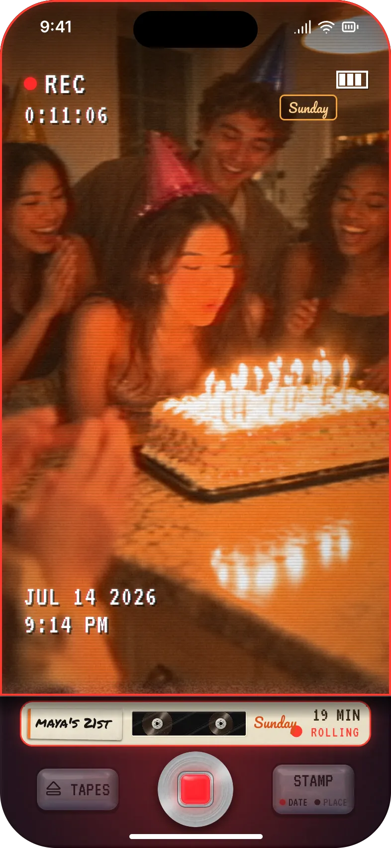 CAM'99 recording maya's 21st on a SUNDAY tape: she blows out the candles while friends cheer. REC, 0:11:06, the date stamped in the corner.
